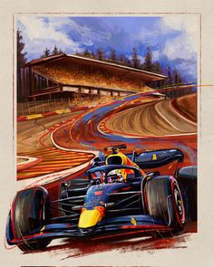 a painting of a red bull racing car in front of a race track with an empty pit