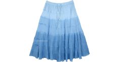 Ombre sky blue tiered knee length skirt, a perfect cool color for the summers and the pure cotton fabric of the skirt is very comfortable to wear. A lightweight casual everyday cotton knee length skirt. This is a fully lined skirt and the unfinished tiers give fullness and flare to the skirt. Easy to pull-up style with elastic waist and drawstrings that makes the skirt adjustable for almost every size but best fits a small to a medium. Length:25" ; Waist:28"-34" (Elastic waistband)(S/M); Materia Blue Tiered Skirt For Spring, Casual Blue Tiered Bottoms, Light Blue Tiered Cotton Skirt, Blue Tiered Skirt For Summer, Light Blue Cotton Tiered Skirt, Casual Light Blue Tiered Skirt, Light Blue Flowy Cotton Skirt, Knee-length Cotton Ruffled Skirt, Light Blue Tiered Skirt For Summer