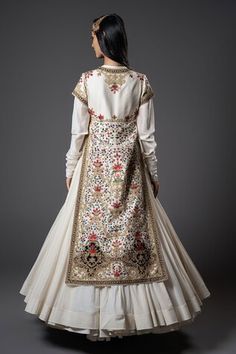 Ivory full sleeves layered split style chanderi silk anarkali with resham multithread mughal bloom embroidery detail. Paired with a churidar. - Aza Fashions Bloom Embroidery, Silk Anarkali, Rohit Bal, Women Kurta, Silk Embroidery, Churidar, Set Women, Full Sleeves, Embroidery Details