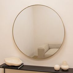 Gold Round Metal Large Wall Mirror above console table Gold Circle Mirror, Home Finishes, Circle Mirrors, Mirror Circle, Circle Mirror, Large Wall Mirror, House Clothes, Brass Mirror, Design Bathroom