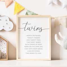 there is a sign that says twins next to some other things on the shelf in front of it