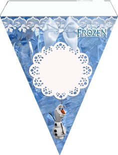 a frozen princess birthday party banner with a white lace border and a blue bow on top