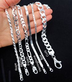 Solid Italian 925 Silver thick chains  Stamped 925, Italy SOLID 925 Silver - NOT Hollow! These high-quality solid Sterling silver chains are made in Italy  with the finest top quality sterling silver that will last a lifetime with proper care. Sterling silver will not wear down like silver plating does. No allergy metals are used.  Chains are finished with a 925 Lobster Clasp 15mm Curb chains are finished with lobster claw clasp. Clasps are included in the total length. Curb Chains Width:  9.3 m Men Necklaces, Chain Link Necklace Silver, Mens Chain, Silver Chain For Men, Herringbone Necklace, Gold Bangles Design, Silver Chains, Sterling Silver Chain Necklace, Bangle Designs