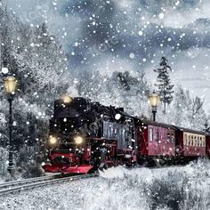 a red train traveling through a snow covered forest