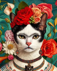 a painting of a cat with flowers on its head