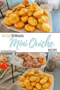 there are many different types of muffins on this plate and the words, no fail 10 minute mini quiche recipe