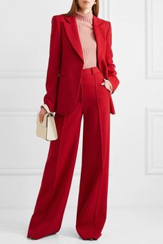 Red Pantsuit Outfit, Red Suit Outfit, Red Pantsuit, Elegant Pants Suits, Blazer Design, Elegant Pants, Woman In Red, Pants Boho, Classic Office