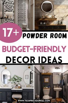 bathroom decor with text overlay that reads 17 + powder room budget - friendly decor ideas