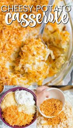 cheesy potato casserole with sour cream in a bowl and on the side