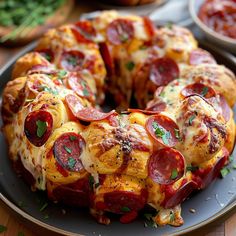 a pepperoni pizza bundt cake on a plate