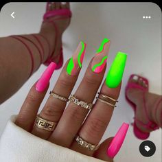 Neon Nails Green And Pink, Neon Nails For Vacation, Summer Nails Ideas Acrylic Bright Colors Art Designs, Neon Color Nails Acrylic, Neon Green Nail Art Designs, Green And Pink Neon Nails, Lime Green Nails With Design, Neon Coffin Nail Ideas, Neon Green Acrylic Nails Art Designs