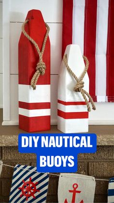 two red and white buoys are tied up on a mantel with an anchor