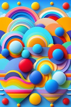 an abstract background with colorful balls and circles in the sky, on a blue background