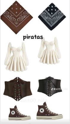 four different types of clothes with the words piratas written on them in black and white