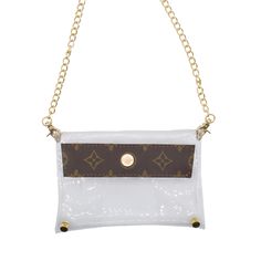 Introducing the Upcycled LV Monogram Small Clear Crossbody Purse—a must-have accessory for the stylish, on-the-go fashionista. This compact bag masterfully combines luxury and simplicity with gorgeous quatrefoils, featuring a high-quality yellow gold chain, a matching snap closure, and durable construction to keep your belongings secure. Perfect for concerts, dinners, and daytime adventures, it’s the ultimate blend of elegance and practicality, ensuring you carry your essentials in style! Exciti Elegant Bag With Clear Strap For Daily Use, Elegant Bags With Clear Strap For Daily Use, Elegant Shoulder Bag With Clear Strap, Luxury Clear Rectangular Bag, Elegant Crossbody Shoulder Bag With Clear Strap, Elegant Clear Travel Bag, Elegant Crossbody Bag With Clear Strap, Luxury Clear Bags For Everyday Use, Upcycled Lv