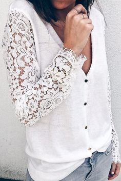 Cardigan with Lace Contrast Sleeve Button Down Color - Off White 95% Polyester 5% Spandex Also available in Black Spring Birthday Outfit, Birthday Outfit Ideas For Women, Birthday Outfit For Teens, Casual White Shirt, Winter Birthday Outfit, Birthday Outfit Ideas, Lace Sleeve Blouse, Birthday Outfit For Women, Lace Blouse Long Sleeve