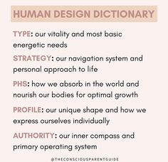 a pink poster with the words human design dictionary in black and white, on top of it