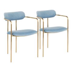 pair of mid century modern brass and blue upholstered chairs