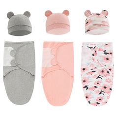 six pairs of baby sleeping gowns in various colors and patterns, including pink, gray, white, and grey