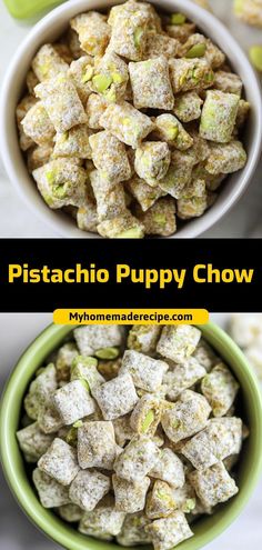 pistachio puppy chow recipe in a green bowl with the title above it and below