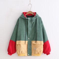 https://www.yesstyle.com/en/sonado-hooded-color-block-corduroy-jacket/info.html/pid.1064781669 Corduroy Coat, 90's Fashion, Hoodie Coat, Indie Outfits, Corduroy Jacket, Harajuku Fashion, Looks Vintage, Retro Outfits