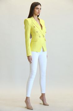 Sleek and elegant blazer. Gold button details. Padded shoulders. Lined. If you are between sizes, size up Elegant Blazers, Gold Buttons, Sleek, Blazer, Yellow, Gold