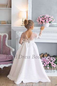 Ball Gown For First Communion, Bridesmaid Pageant Dress With Fitted Bodice Ball Gown, White Pageant Dress With Lace Bodice For Bridesmaid, Long Sleeve Tulle Pageant Dress For Wedding, Long Sleeve Tulle Pageant Dress, Tulle Long Sleeve Pageant Dress, Long Sleeve Princess Pageant Dress For Wedding, Princess Style Long Sleeve Pageant Dress For Wedding, Elegant Long Sleeve Princess Dress For Baptism