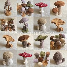 crocheted mushrooms are displayed on a table