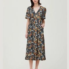 Floral Print Satin Midi Dress With Flutter Sleeves, Side Zip And Side Pockets. Super Sweet - Pair With Slides And A Straw Basket For A Cute, Summer Look! Nwt Size S Tags - Reformation, Doen, Christy Dawn, The Great, Sezane, Rouje, Garmentory, Prairie, Cottage, Uo, Anthropologie, Rixo, Free People, Vintage Summer Floral Midi Dress For Work, Summer Floral Dress For Work, Summer Floral Dress For Workwear, Floral Print Dress For Summer Workwear, Rayon Floral Dress With Short Sleeves, Short Sleeve Rayon Floral Dress, Summer Yellow Viscose Dress, Yellow Viscose Summer Dress, Yellow V-neck Midi Dress For Work