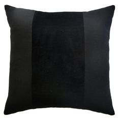 a black pillow with two horizontal stripes on the front and back of it, against a white background