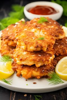 three crab cakes on a white plate with lemon wedges and ketchup in the background