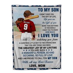 a baseball player's blanket with the words to my son