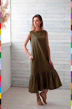 100% pure linen Italy. Linen dress. Flax dress. Linen tunic. | Etsy Sleeveless Linen Sundress With Ruffles, Sleeveless Linen Maxi Dress With Ruffles, Summer Sleeveless Linen Dress With Ruffles, Sleeveless Linen Dress With Ruffles For Summer, Green Sleeveless Linen Casual Dress, Casual Green Sleeveless Linen Dress, Green Linen Sleeveless Sundress, Green Sleeveless Linen Summer Dress, Linen Loose Dress