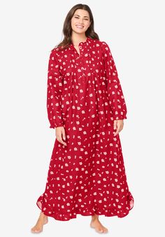 This printed nightgown has feminine appeal with an adorable bib and ruffles at the sleeves and hem. Made in a maxi length for full coverage, the relaxed fit still keeps you super comfy. Made in pure cotton for ultimate breathability when you sleep. Super soft, this is what dreams are made of. 52" lengthPure cotton, importedMachine washable Long Flannel, Flannel Nightgown, Occasion Dresses Wedding, Night Dress For Women, Tunic Tank Tops, Swimsuits For All, Dress For Women, Hoodie Dress, Red Rose