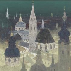 this is an image of a painting of a cityscape with many spires