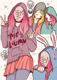 two girls with pink hair and bunny ears are standing next to each other in front of the same drawing