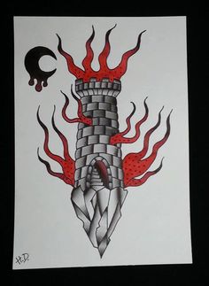 a drawing of a tower with red flames coming out of it