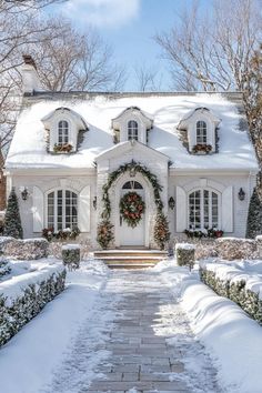 Christmas Houses Exterior, Christmas Cottage Exterior, French Style Cottage, House With Fireplace, Windows With Shutters, Arch Entrance, Winter House Exterior, White Siding, Fairytale House