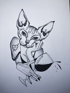 an ink drawing of a cat sitting on top of a person's leg and holding it