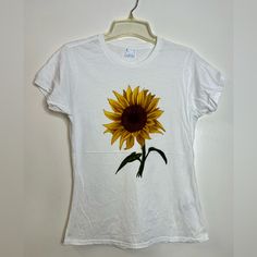 Ladies T Shirt Watercolor Sunflower Hand Painted Essential Size S Brand New But No Tags 100% Cotton Inventory A Fitted Floral Print T-shirt With Crew Neck, Fitted Floral Print T-shirt For Summer, Fitted Floral Print T-shirt For Spring, Cotton Crew Neck T-shirt With Sunflower Design, Fitted Floral Print Graphic Tee, Casual Fitted Floral Print T-shirt, Fitted Floral Print Casual T-shirt, Fitted White T-shirt With Floral Print, Summer Casual T-shirt With Sunflower Print