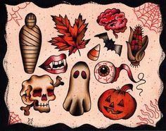 an image of various halloween items on a black and white background, including pumpkins, ghost