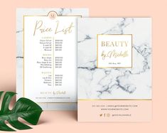 a white marble and gold foiled price list on a pink background with a monster leaf