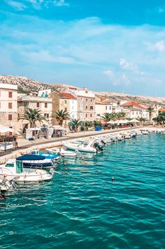 several small boats are docked in the water near some buildings and palm trees on the shore