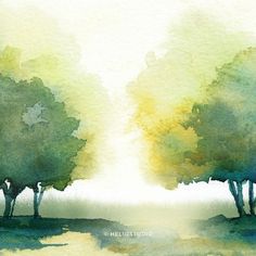 watercolor painting of three trees in the distance