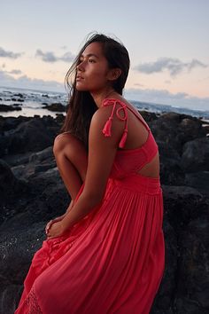 Femme beachy maxi from our free-est collection featuring a dramatic tiered skirt, crochet lace insets and a drawstring waist. * Tassel drawstring * Semi-sheer accents * Flowy fit | Santa Maria Maxi Dress by free-est at Free People in Orange, Size: XS Maxi Dress Free People, Watermelon Wedge, Skirt Crochet, Dress Free People, Beach Lifestyle, Lace Inset, Shop Maxi Dresses, Santa Maria, Tiered Skirt