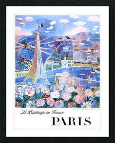 a painting of the eiffel tower in paris, france with flowers around it