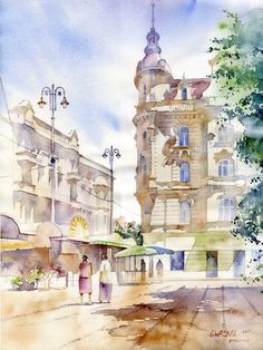 a watercolor painting of people walking down the street in front of a large building