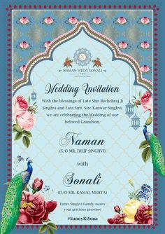 a wedding card with flowers and peacocks on the border, in blue background photo