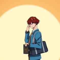 a man with red hair and glasses is holding a book in his hand while looking at the sun