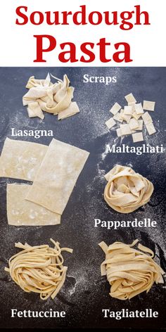 the steps to make sourdough pasta are shown in red and white, with text overlay that reads sourdough pasta